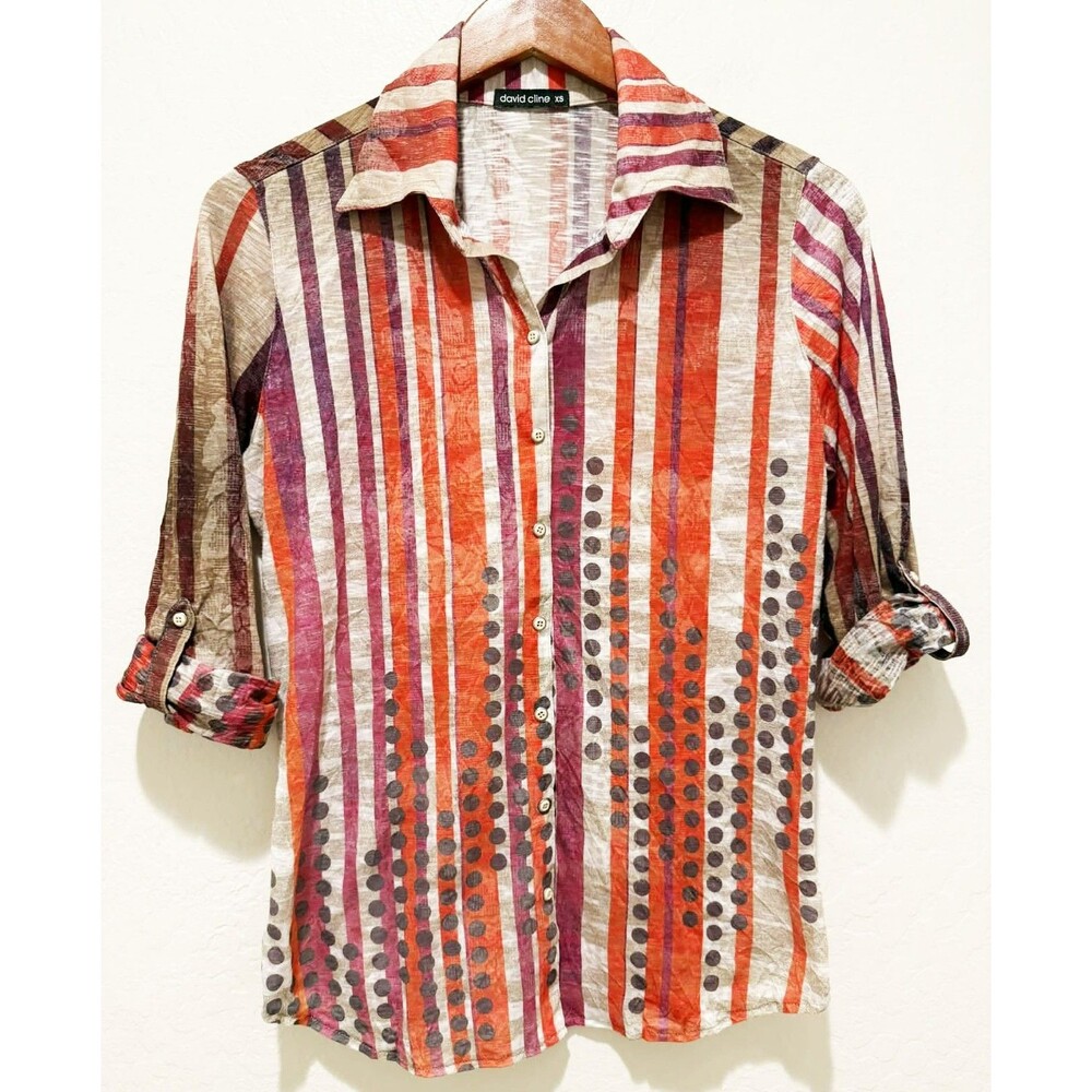 David Cline Women's XS Burnout Snap Front Geometric Crushed Shirt Top Striped